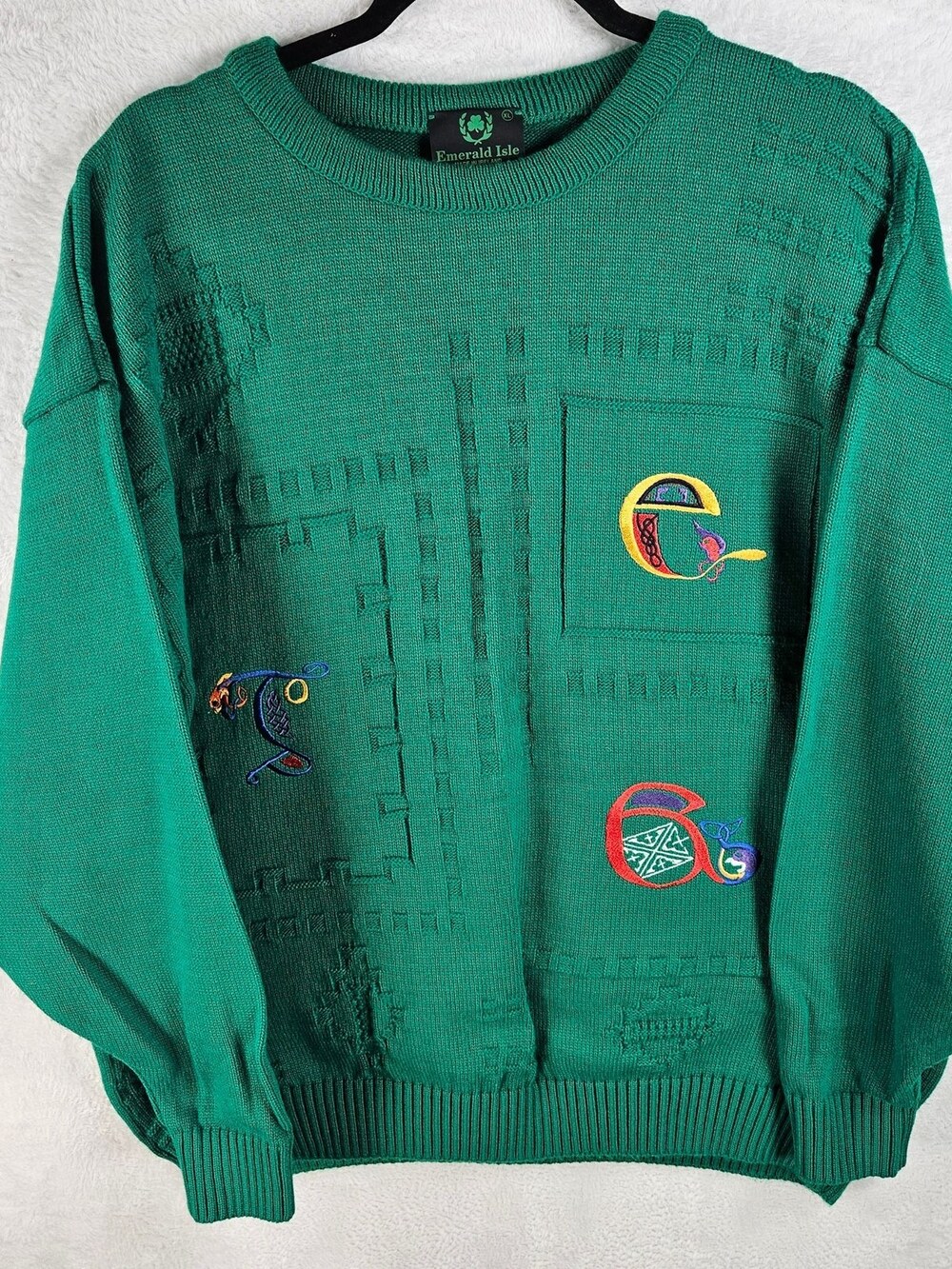 Vintage 90s Emerald Isle Crewneck Sweater Celtic Ireland Embroidered Green Sz XL
